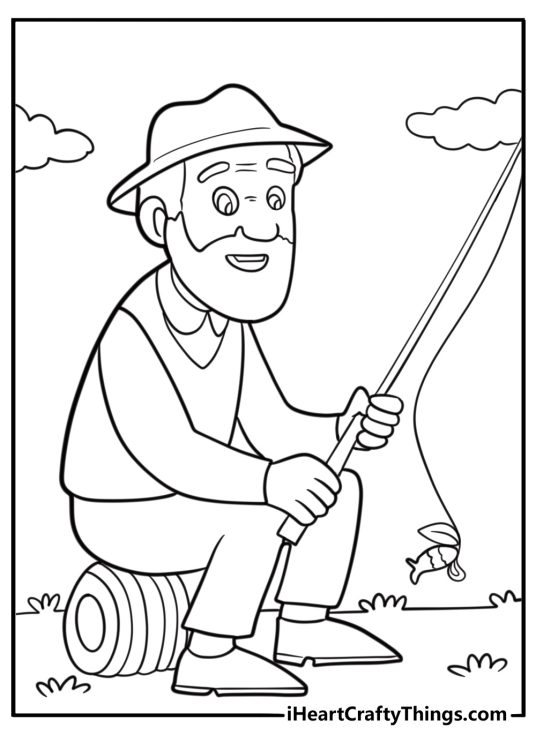 Free Fathers Day coloring page for grandpa with fishing hat and cane illustration