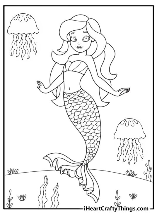 Free Mermaid coloring pages coloring page with a mermaid watching jellyfish glow