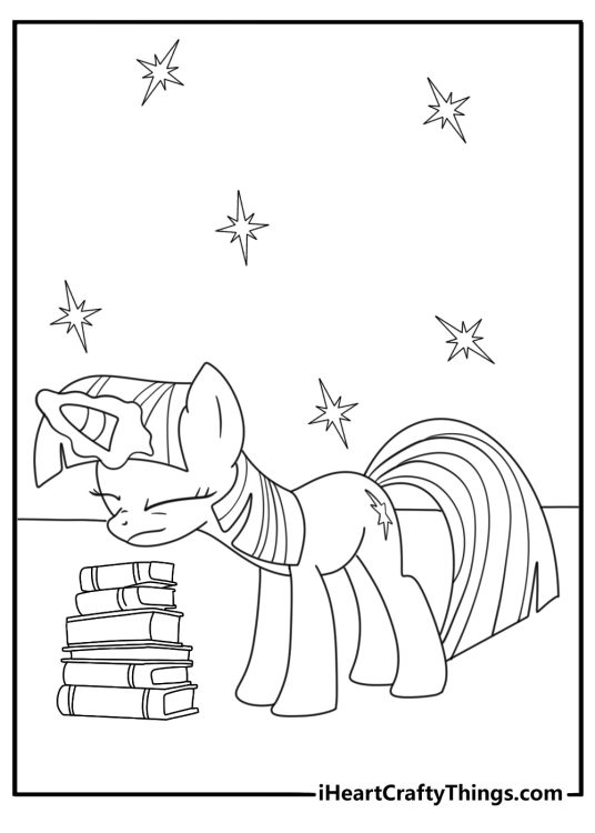 Free My Little Pony printable of Twilight Sparkle casting a spell with her horn near stacked books
