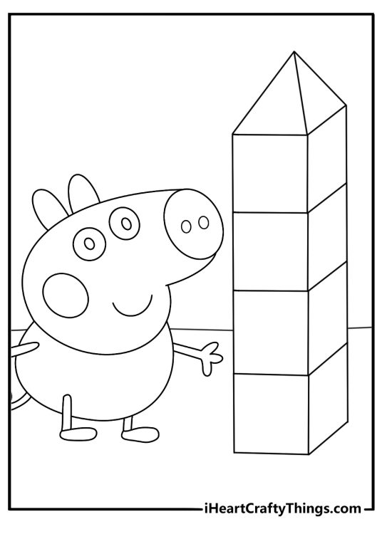 Free Peppa Pig printable of George building a tall block tower on the floor