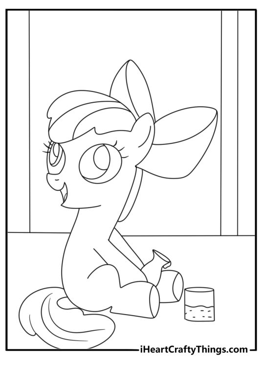 Free coloring page of Apple Bloom mixing potion bottles in a clubhouse