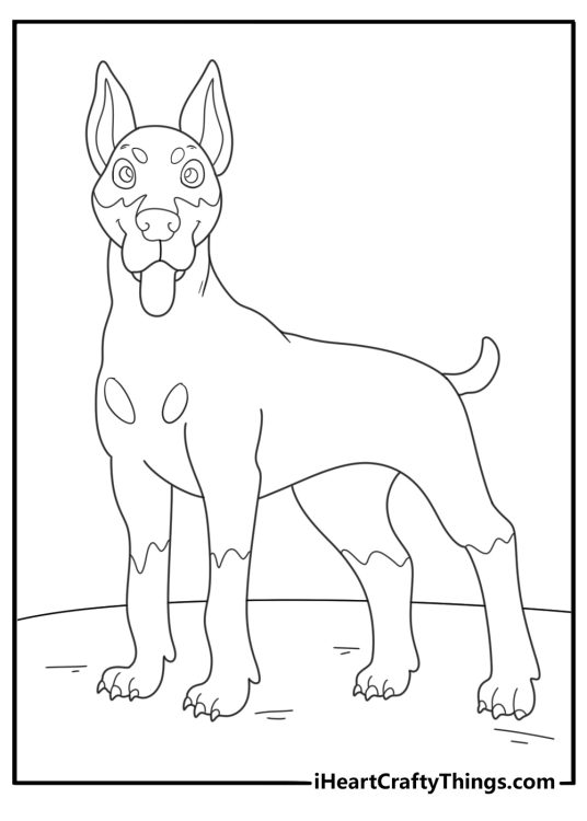 Free coloring page of a dog with pointy ears and one ear perked up to listen intently