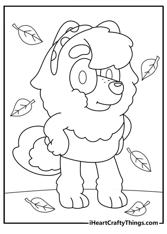 Free coloring picture for kids presenting Blueyes neighbour Juno surrounded by Fall leaves
