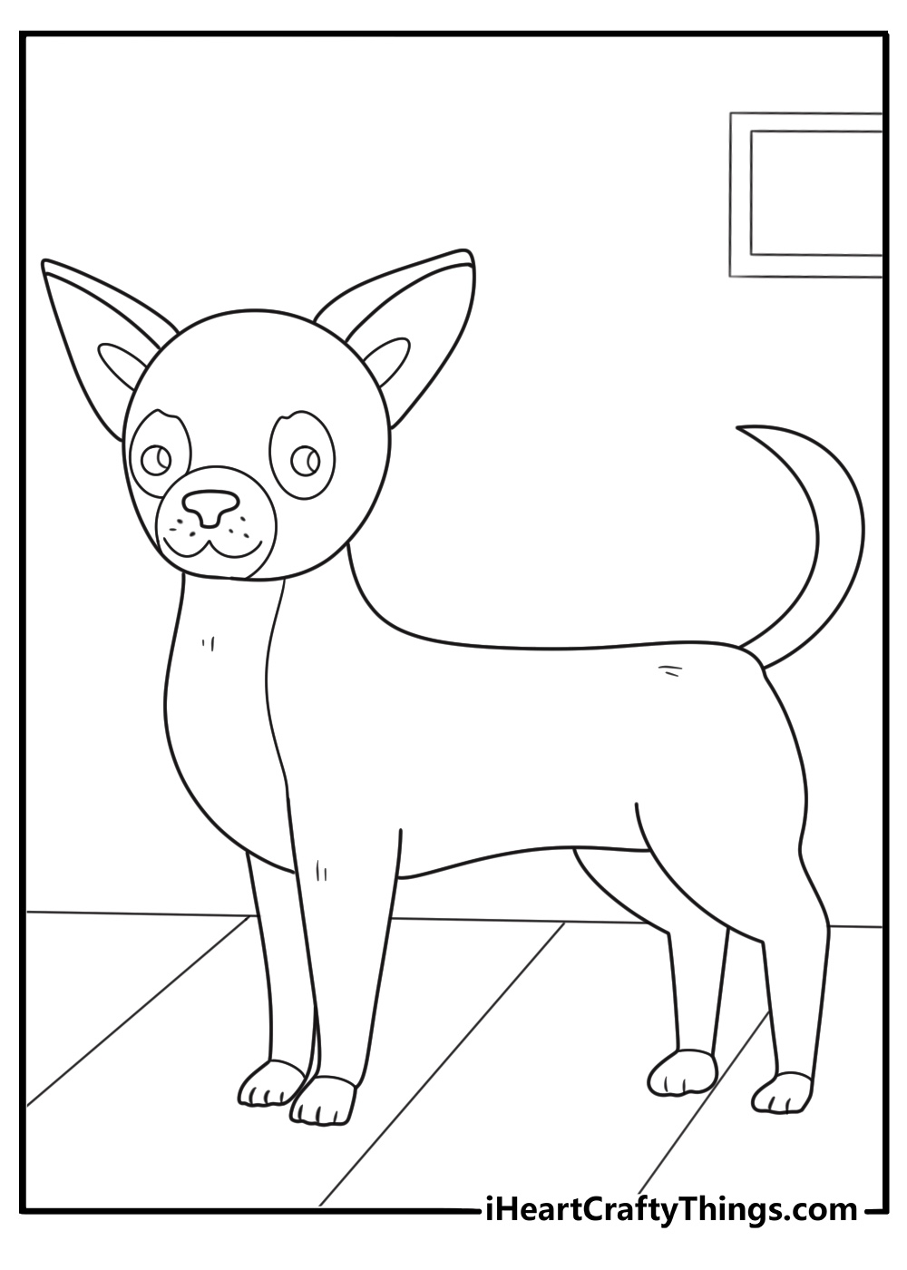 Free coloring sheet featuring a dog with large pointy ears that are perked up and listening