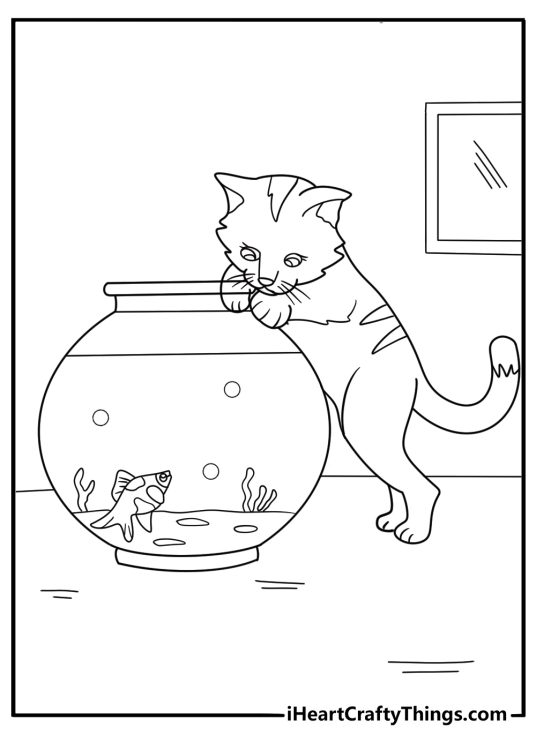 Free coloring sheet for children featuring cute cat hunting a fish in a fishbowl