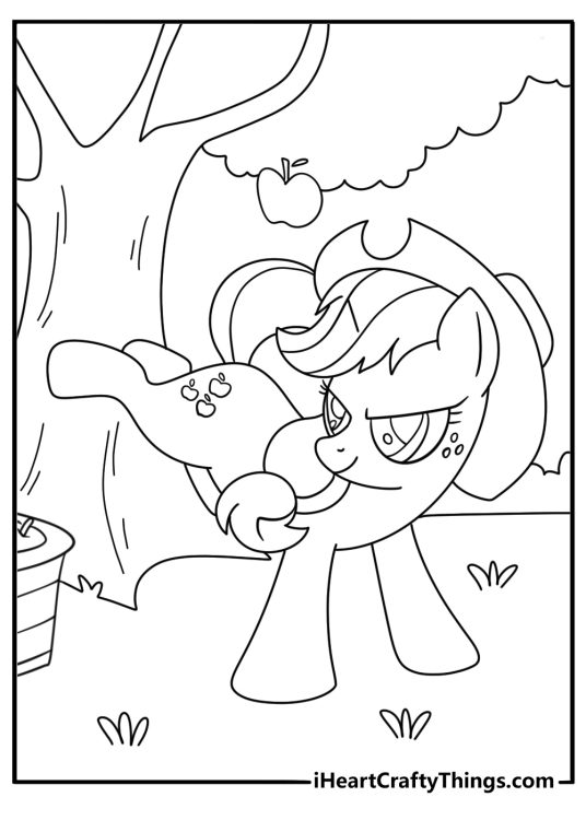 Free coloring sheet of Applejack bucking apples from a tree in Sweet Apple Acres