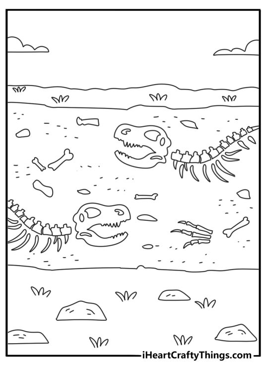 Free dinosaur coloring pages printable with a fossil wall full of bones