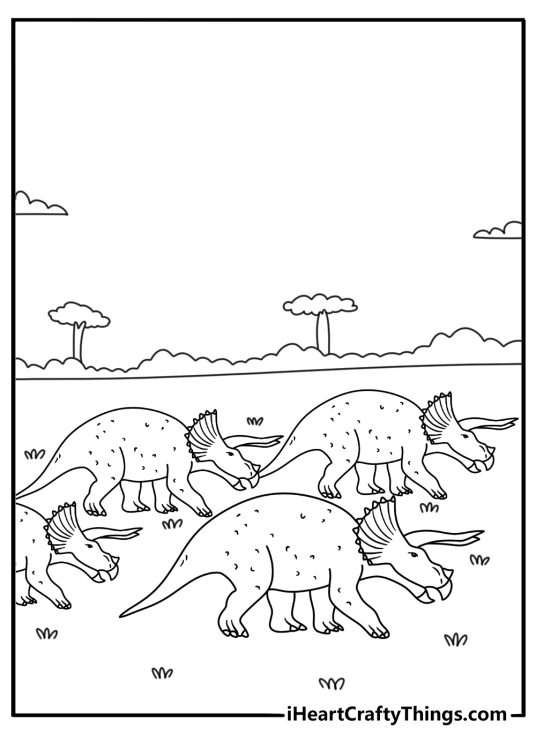 Free dinosaur printable of a triceratops herd walking across a plain