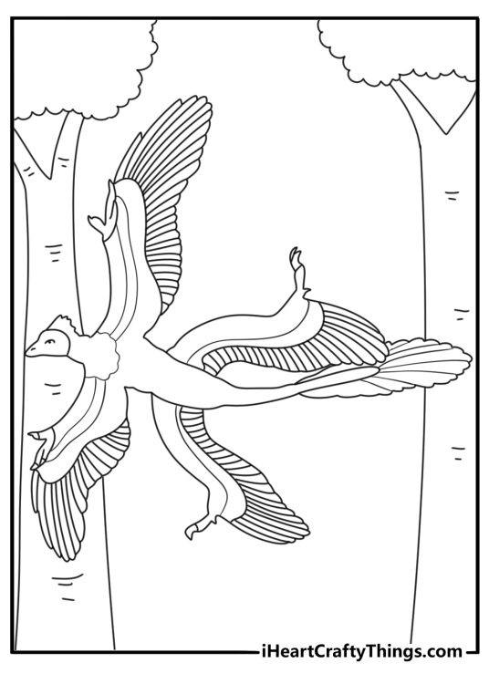 Free dinosaur printable with a microraptor gliding between trees