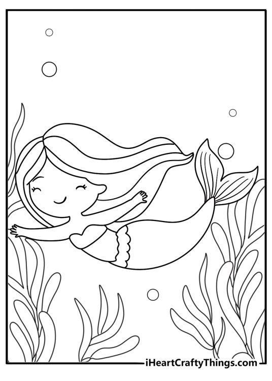 Free mermaid coloring pages printable with a mermaid swimming through kelp
