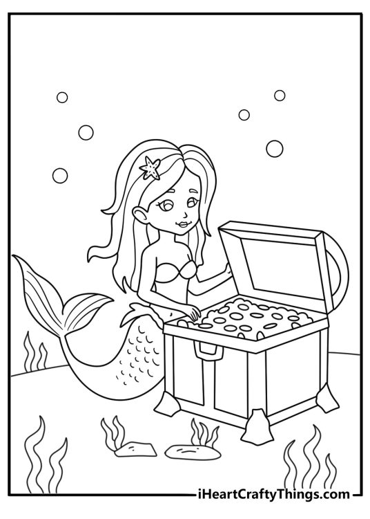 Free mermaid printable of a mermaid opening a treasure chest