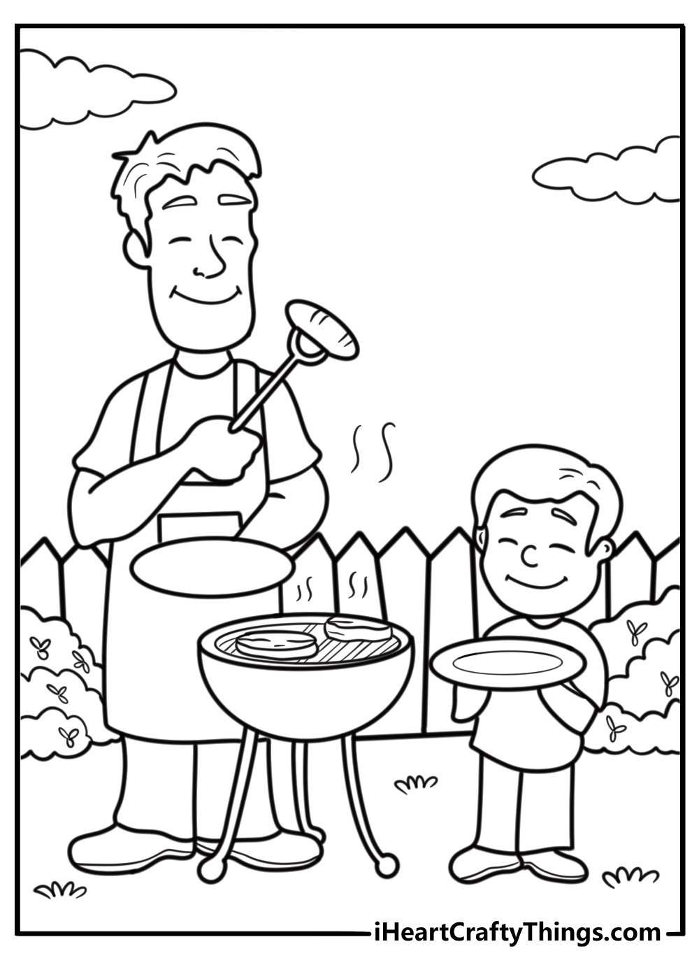 Free printable Fathers Day coloring page showing dad cooking on a BBQ grill