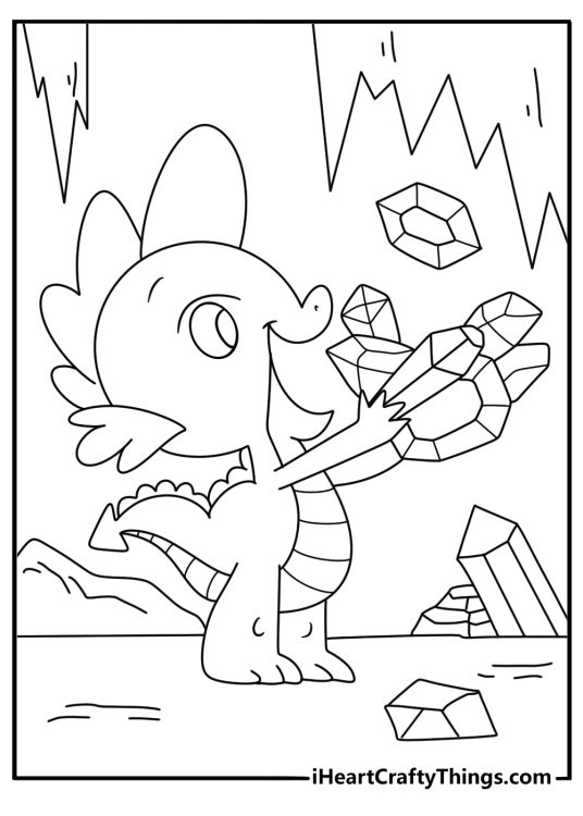 Free printable coloring page of Spike carrying gems in a cave