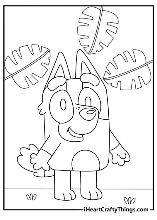 Free printable coloring sheet for children depicting puppy Bluey surrounded by palm leaves