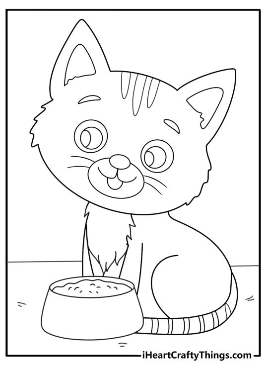 Free printable coloring sheet for children happy cat posing next to its food bowl