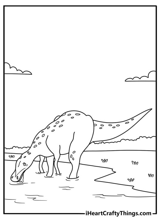 Free printable dinosaur coloring page with a hadrosaur drinking from a lake