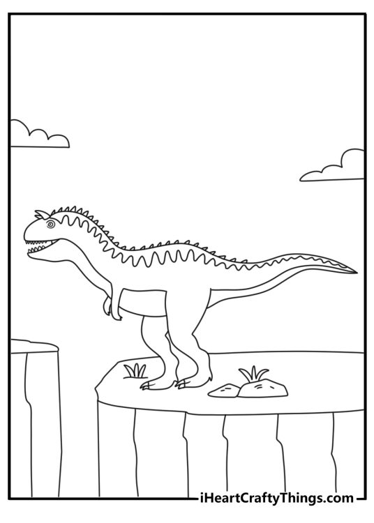 Free printable dinosaur coloring sheet with a carnotaurus near rocky cliffs