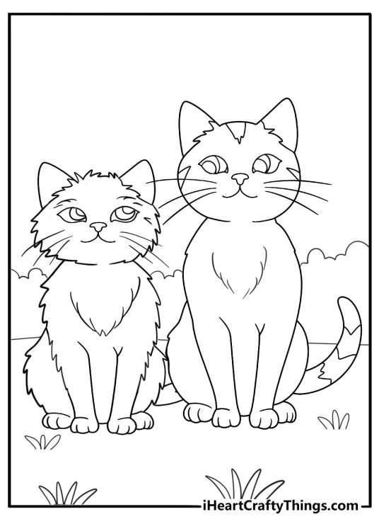 Free printable picture of a short fluffy cat in a collar sitting with her much taller friend