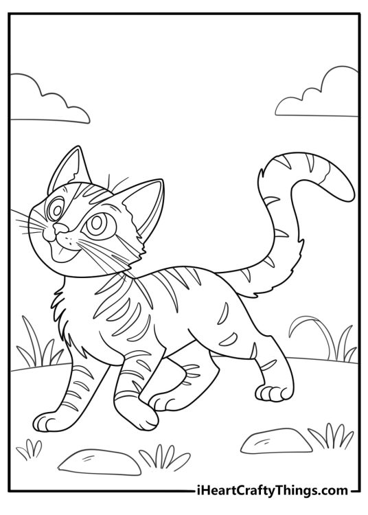 Free printable poster to color presenting a happy looking cat on a walk outdoors