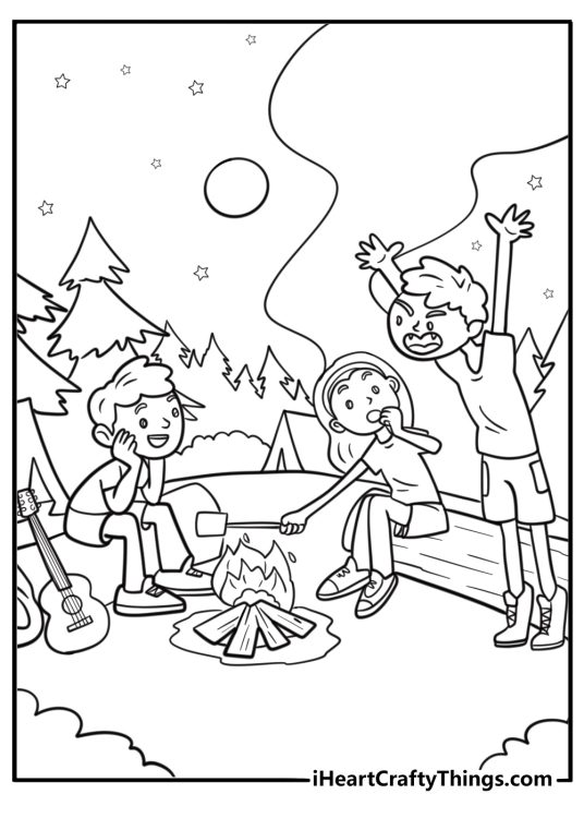 Free printable summer camp scene with kids around a bonfire roasting marshmallows