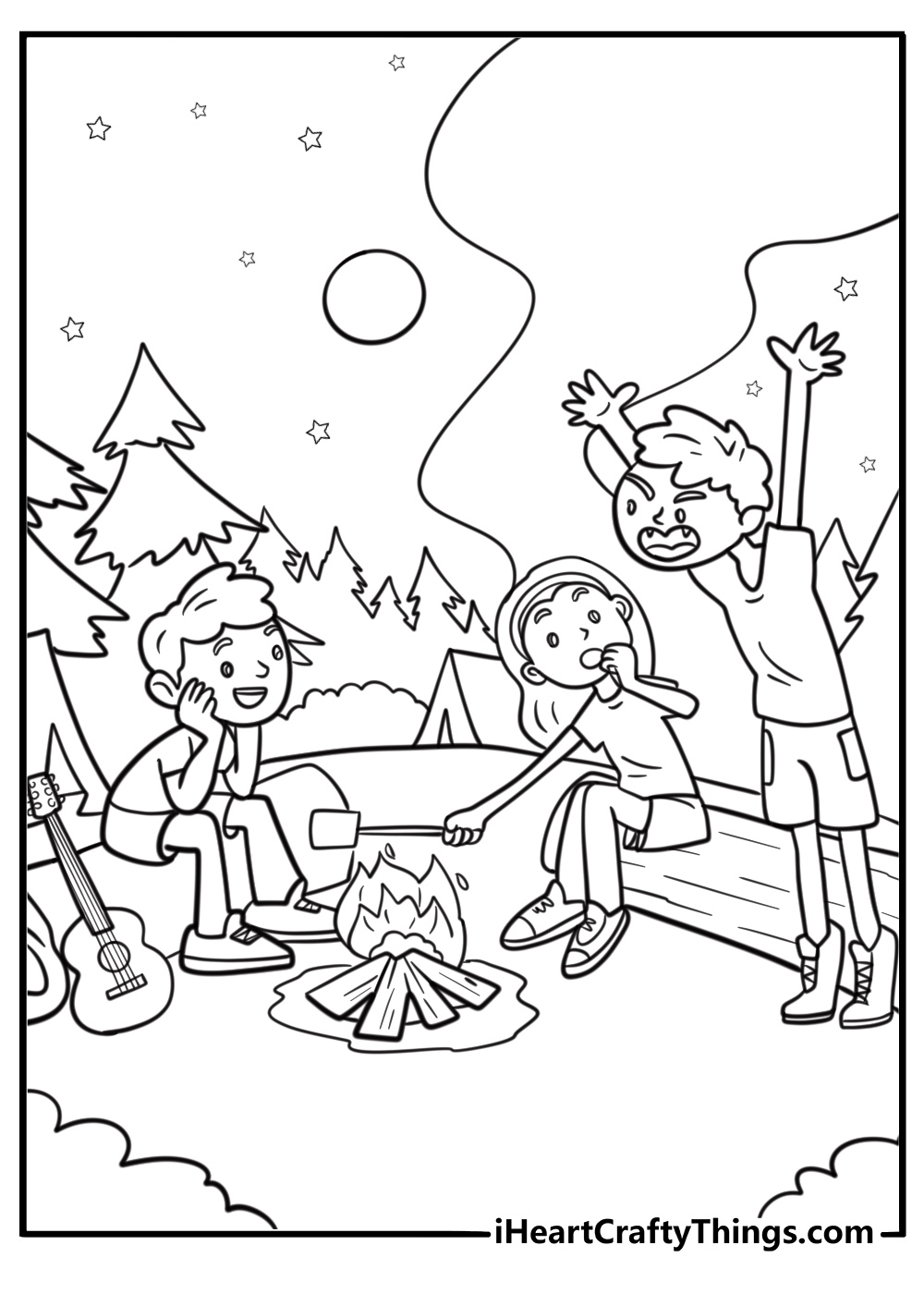 Free printable summer camp scene with kids around a bonfire roasting marshmallows