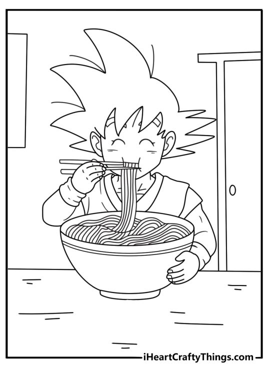 Goku eating a huge bowl of noodles fun coloring printable