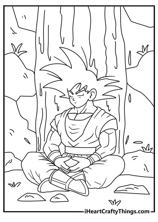 Goku meditating under waterfall calm coloring sheet