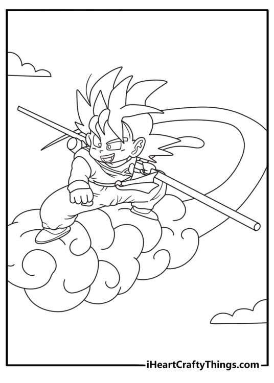 Goku riding Flying Nimbus cloud easy coloring sheet for kids