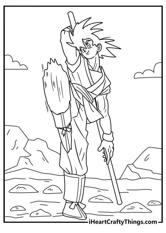 Goku using Power Pole on rocky ground simple coloring page
