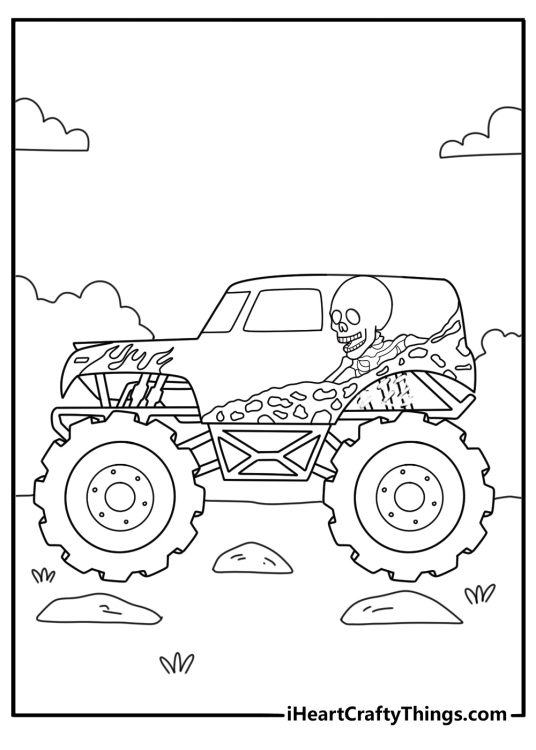 Grave digger monster truck coloring page with spooky graveyard theme