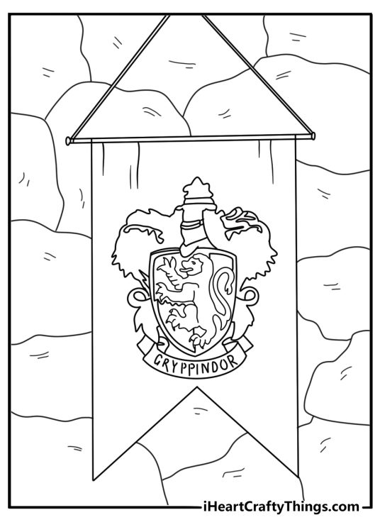 Gryffindor lion banner hanging on stone wall detailed coloring page