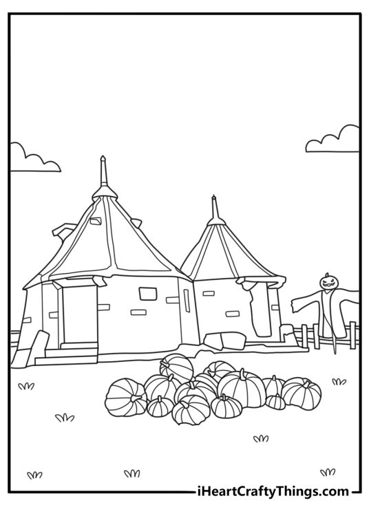Hagrid hut with pumpkins and fence countryside printable coloring page