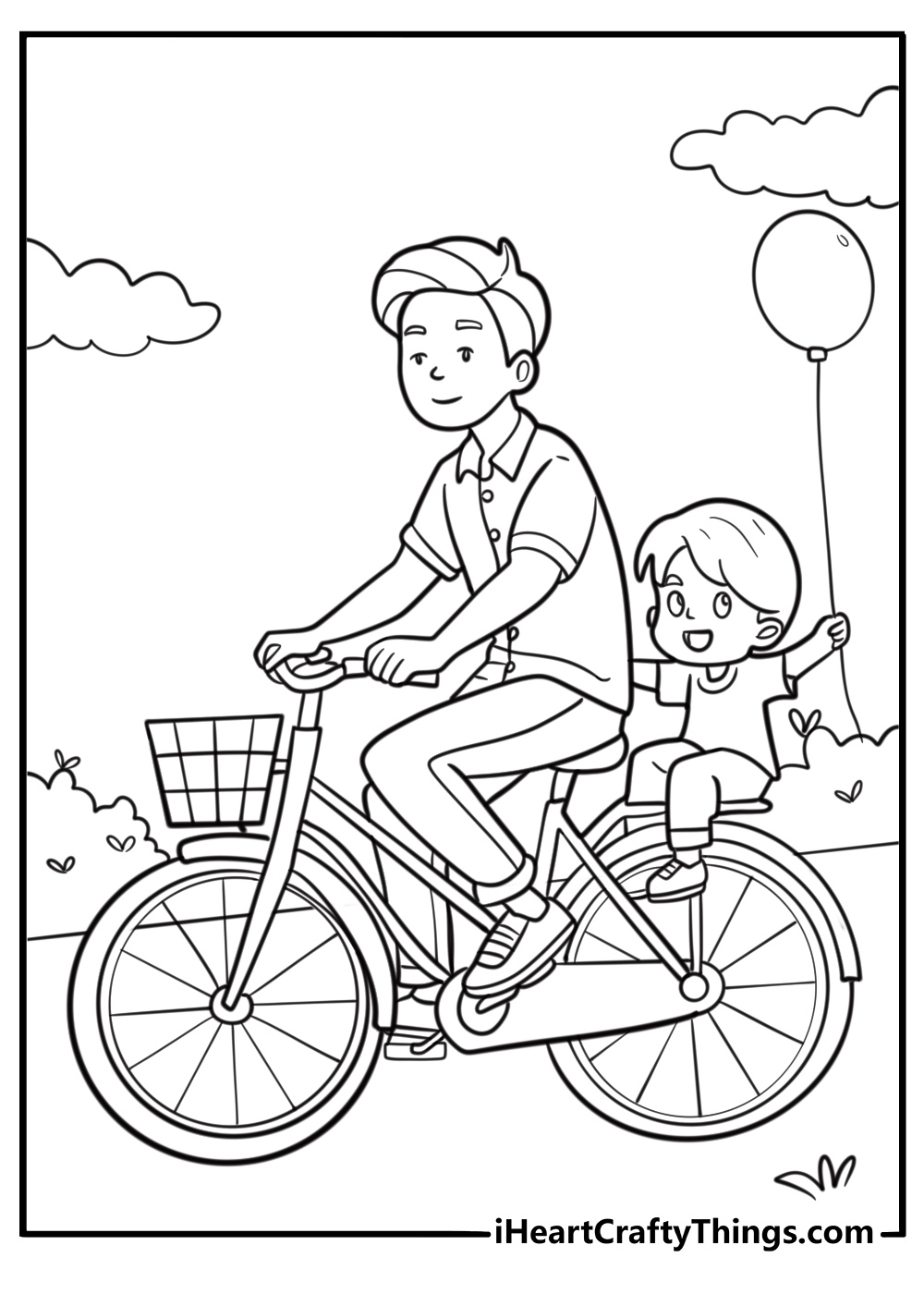 Happy Fathers Day coloring pages for kids showing dad and child riding bikes