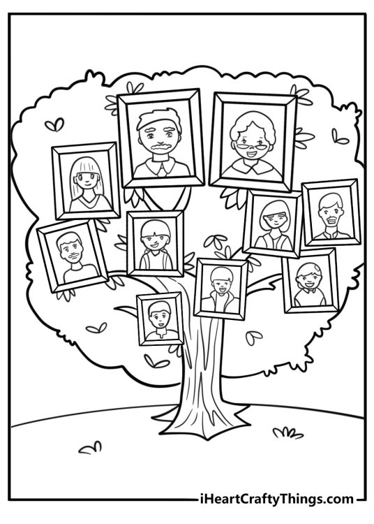 Happy Fathers Day grandpa coloring page with family tree design and hearts