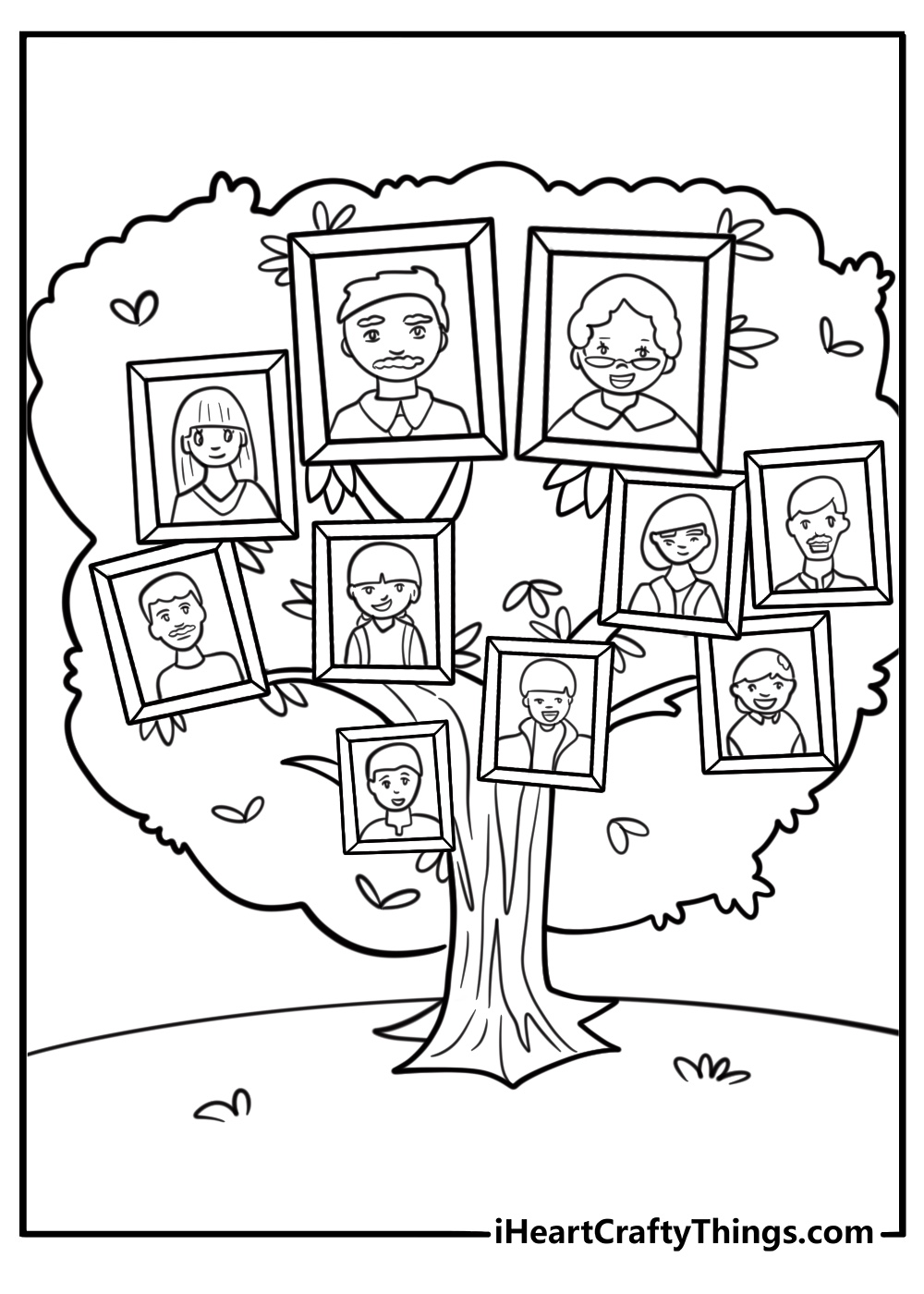 Happy Fathers Day grandpa coloring page with family tree design and hearts