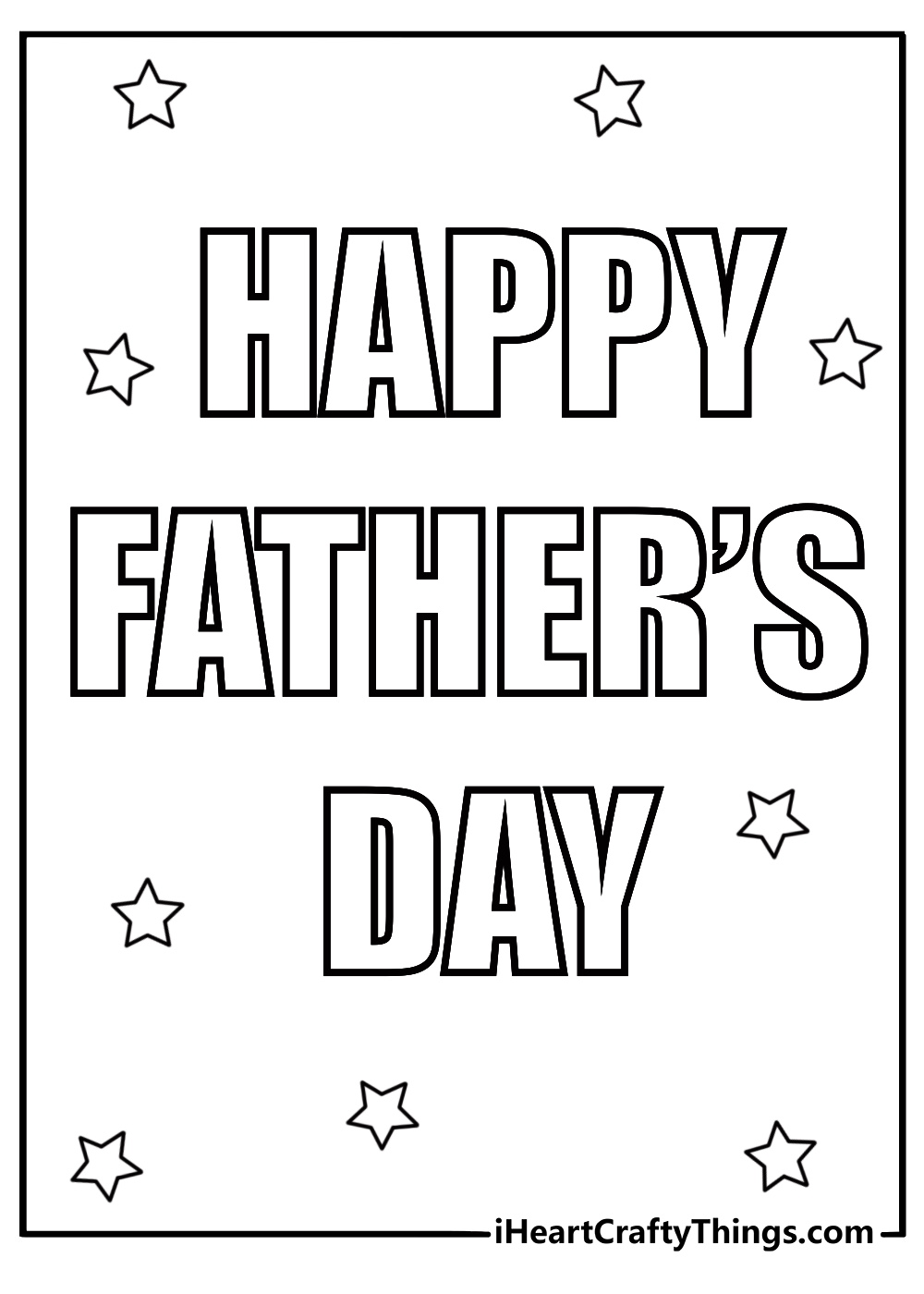 Happy Fathers Day printable coloring page with big bold letters and stars