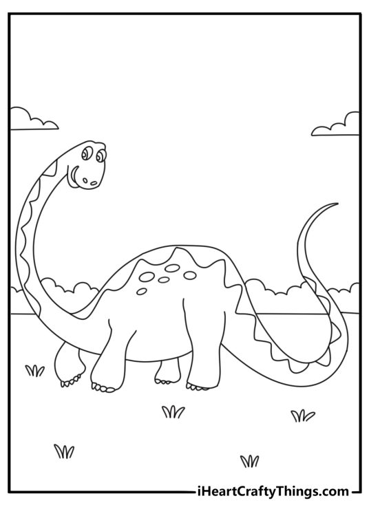 Happy dinosaur with long tail printable coloring page for kids