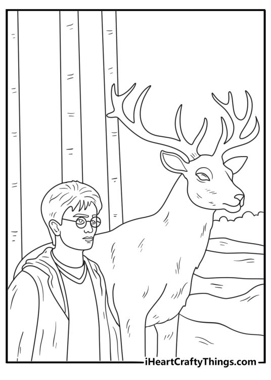 Harry Potter coloring page with Patronus stag in forest printable pdf