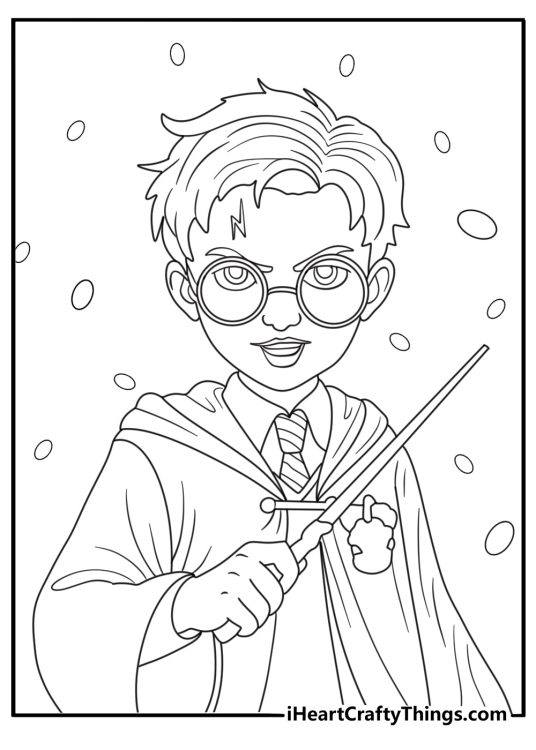 Harry Potter coloring page with lightning scar round glasses and wand icons easy for kids