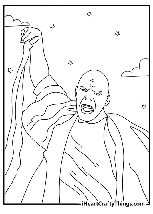 Harry Potter printable depicting Voldemort casting a spell with stars and clouds in the background