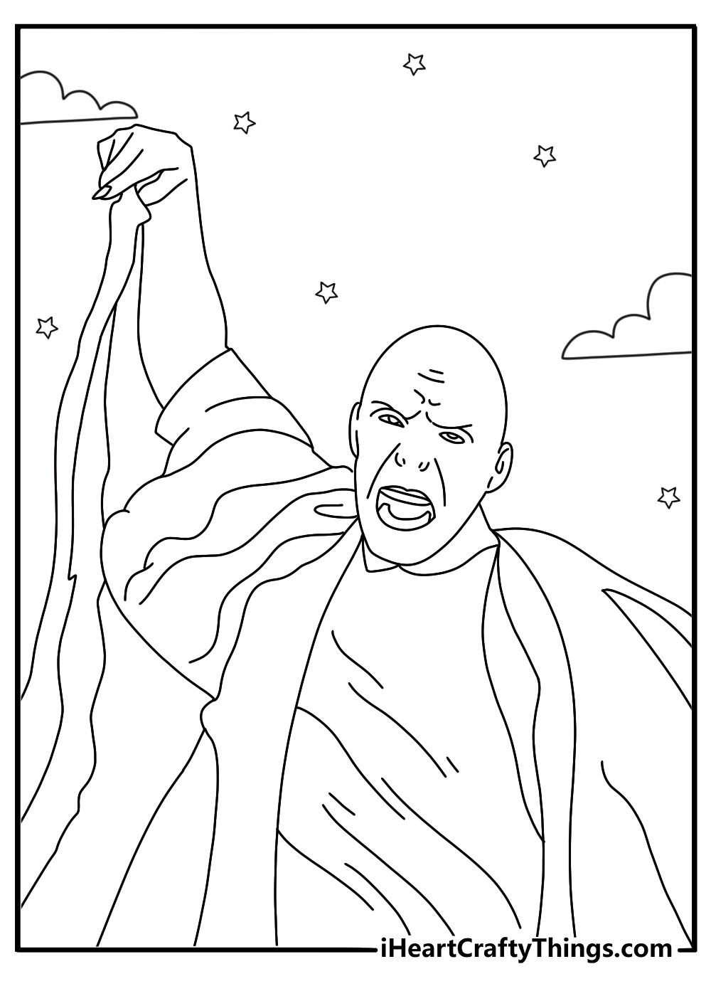 Harry Potter printable depicting Voldemort casting a spell with stars and clouds in the background