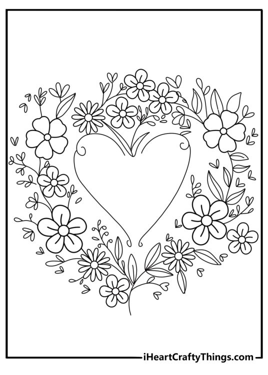Heart themed printable coloring page for kids presenting floral heart shaped wreath