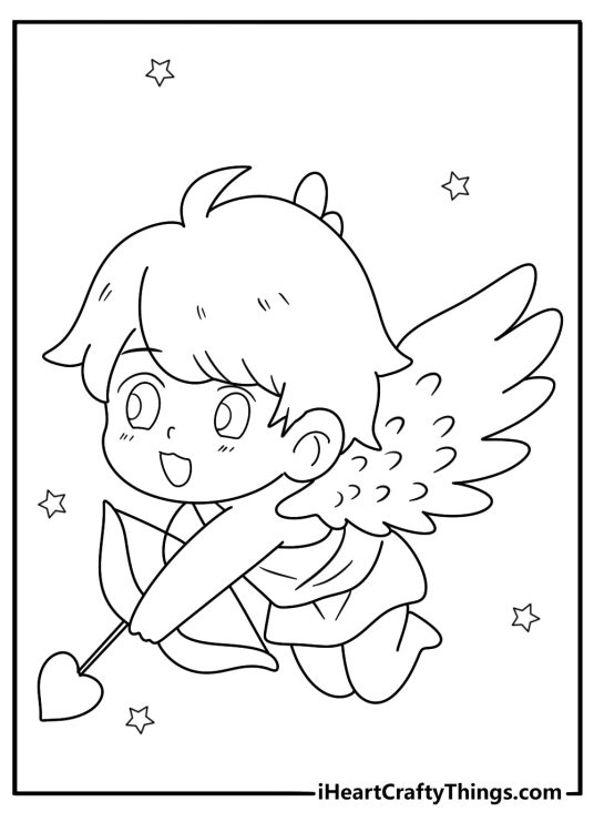 Heart themed printable featuring cute Cupid surrounded by cartoony stars and hearts
