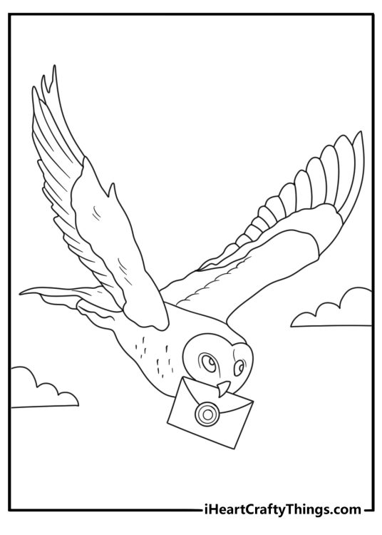 Hedwig flying with a letter envelope simple printable coloring page