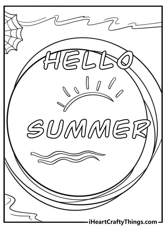 Hello summer coloring page with decorative hand lettering and sun rays behind it