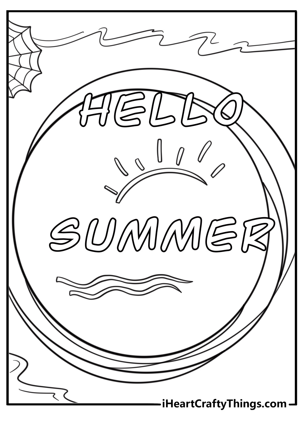 Hello summer coloring page with decorative hand lettering and sun rays behind it