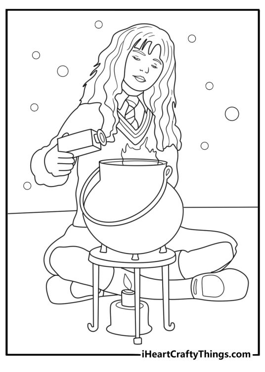 Hermione brewing potion at table with cauldron and open book detailed coloring page