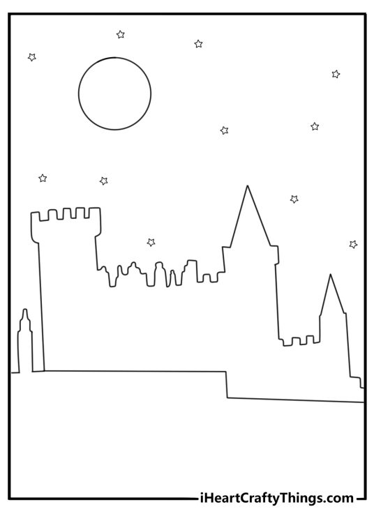 Hogwarts castle silhouette under night sky detailed coloring sheet for adults