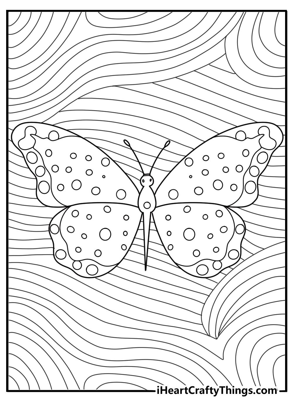 Illustration featuring butterfly with a polka dot pattern all over its wings and swirls in the background