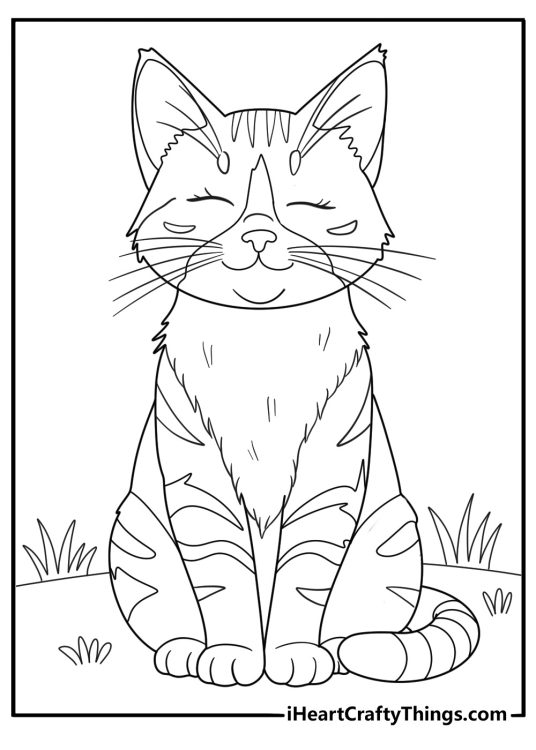 Image to color of a cuddly and sweet cat with striped pattern fur sitting with its eyes closed